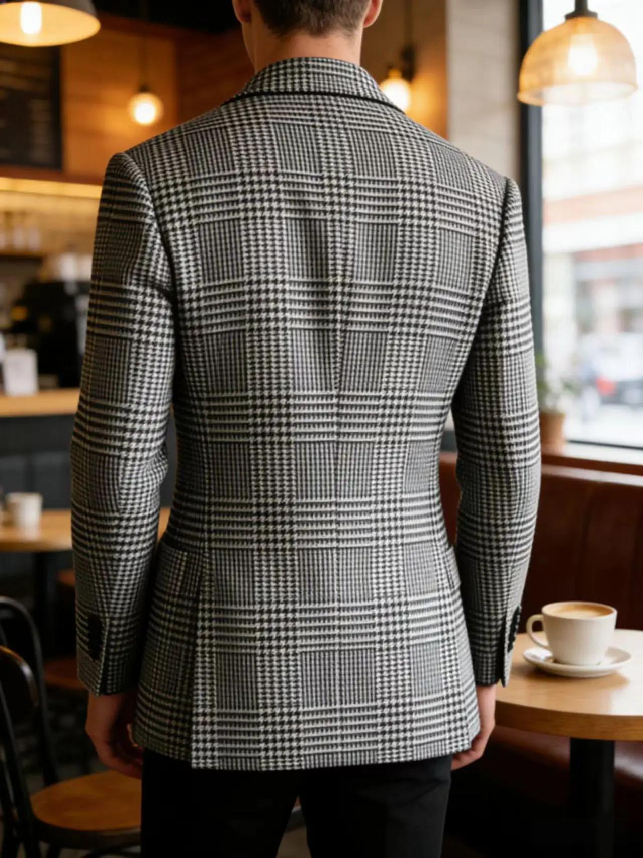 Blazer Homme Slim Fit en Mélange de Laine à Carreaux Pied-de-Poule