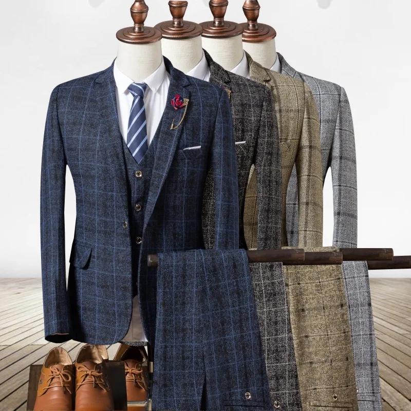 Vêtements de marié formels 3 pièces (Blazer + gilet + pantalon) costume pour hommes mode affaires Gentleman mariage décontracté Plaid coton lin veste
