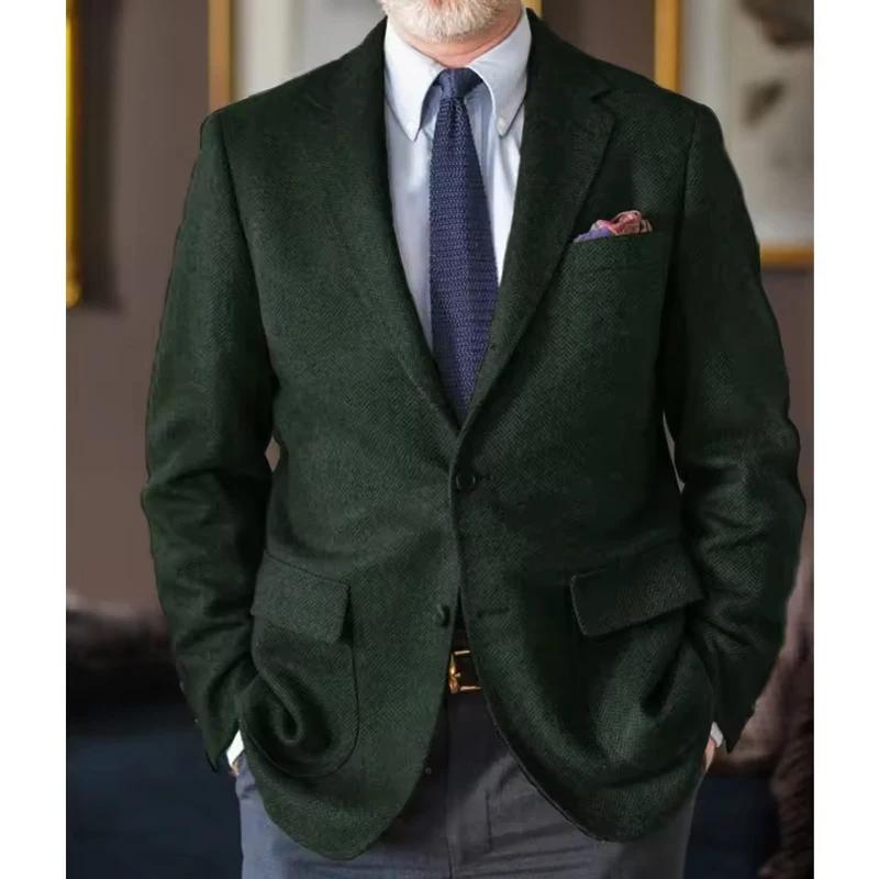 Blazer Homme en Tweed Chevrons Style Britannique à Revers Cranté et Deux Boutons – Veste Décontractée Vintage pour