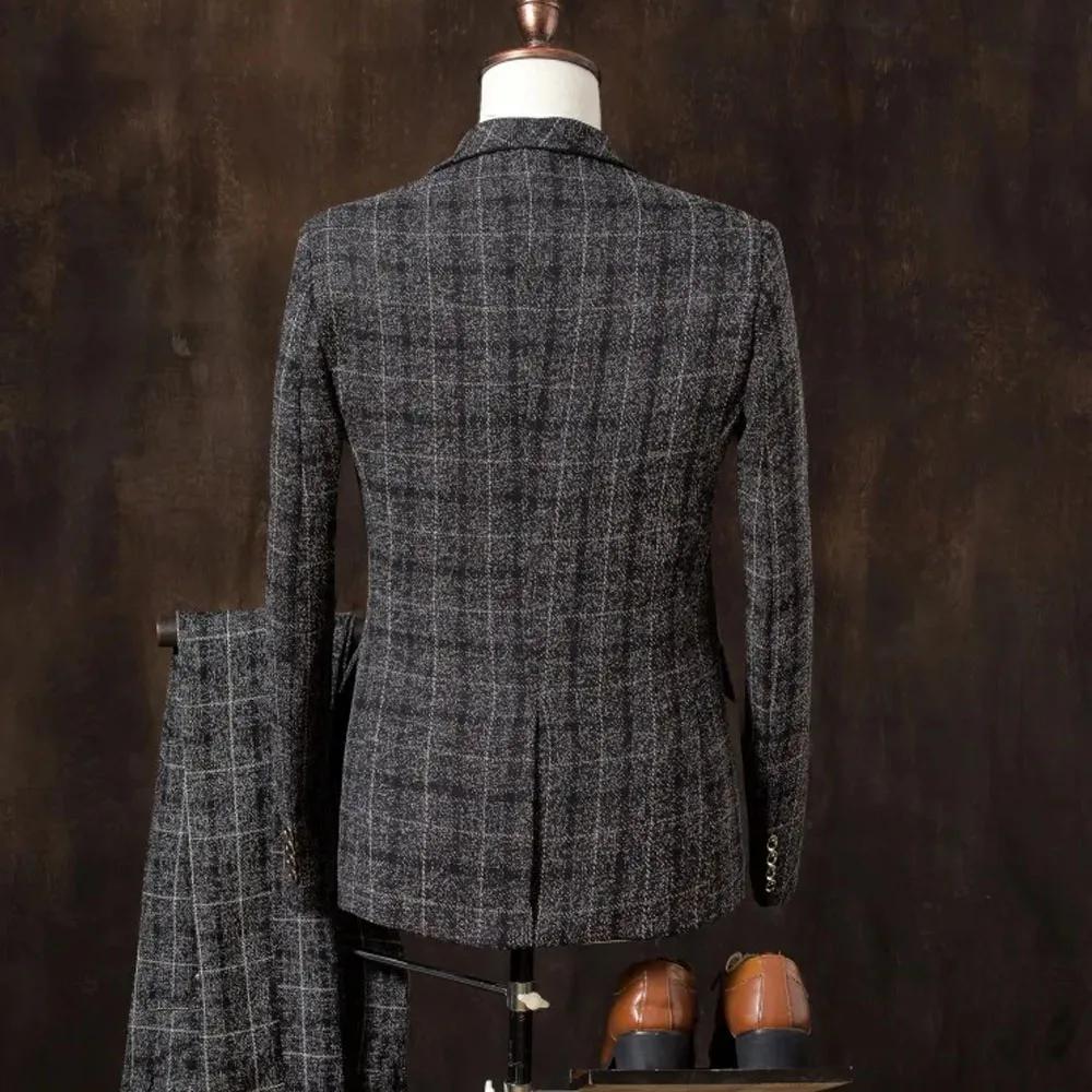 Vêtements de marié formels 3 pièces (Blazer + gilet + pantalon) costume pour hommes mode affaires Gentleman mariage décontracté Plaid coton lin veste