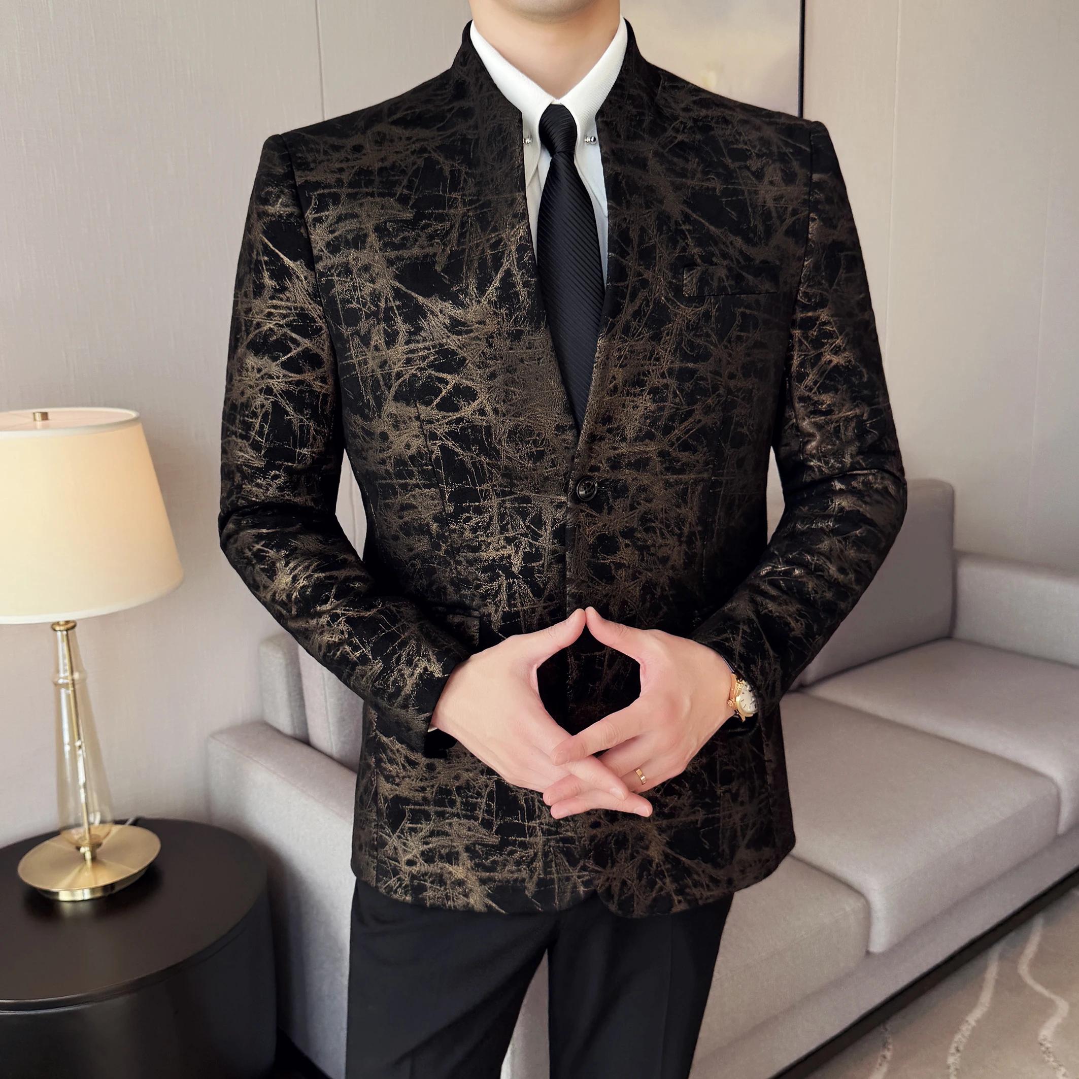 Nouveau Style chinois col montant Jacquard costume manteaux hommes mince affaires décontracté mode costumes veste formelle fête sociale Tuxedos
