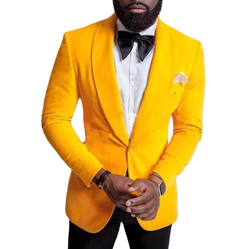 Velours jaune hommes costume veste une pièce bal Blazer pour mariage garçons d'honneur châle revers personnalisé mâle mode manteau dernier Style 2022