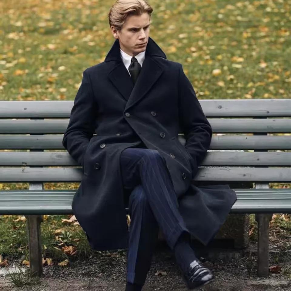 2025 nouvelle laine longs hommes manteaux de luxe hiver couleur unie Double boutonnage