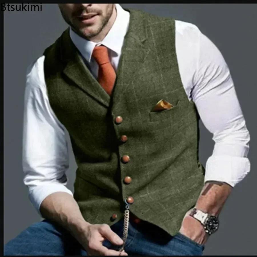 2026 hommes gilets formels revers Tweed Plaid col en v gilet mince