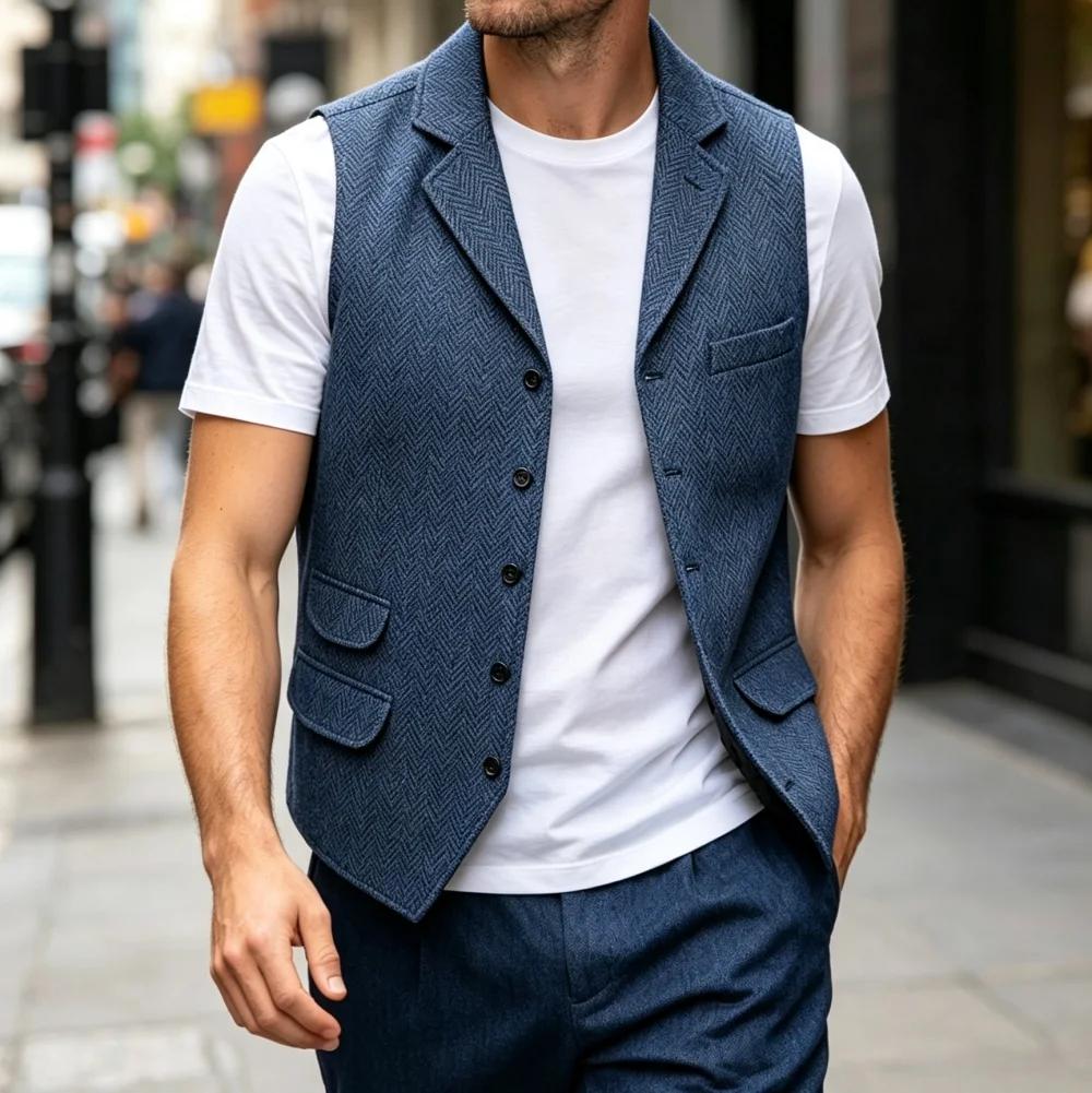 Gilet pour homme en tweed à chevrons, coupe ajustée, pour affaires et mariage