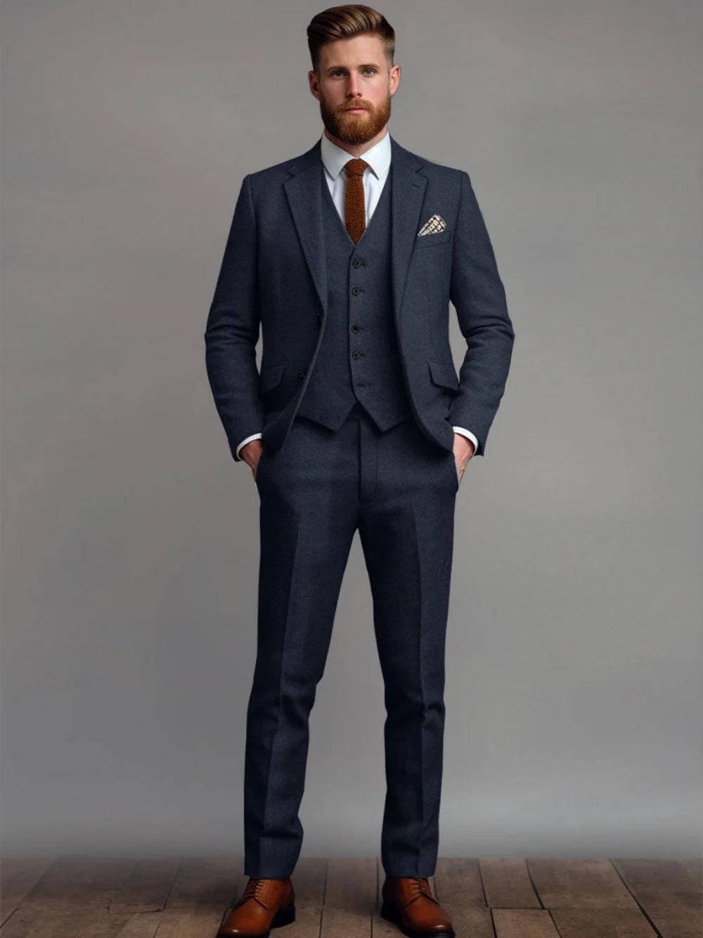 Ensemble de Costume 3 Pièces Élégant Bleu Marine Uni pour Homme 2026 – Blazer