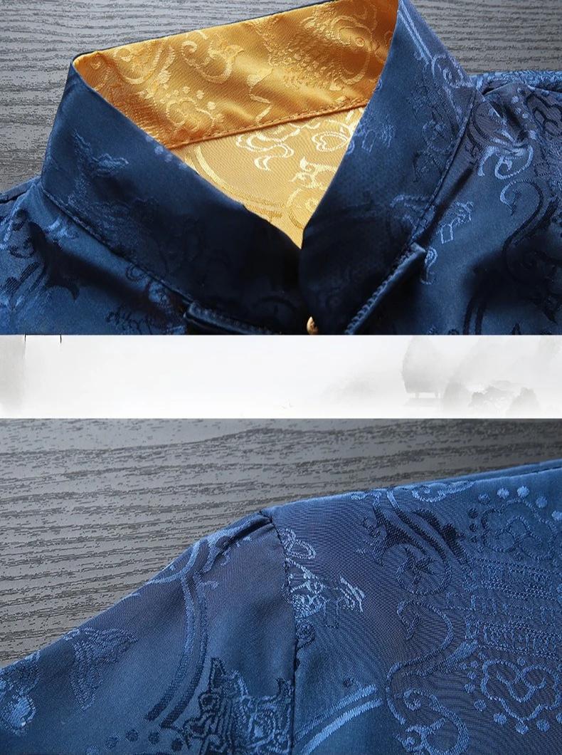 Costume deux pièces bleu pour homme de style chinois : Veste jacquard rouge à col montant et à simple boutonnage