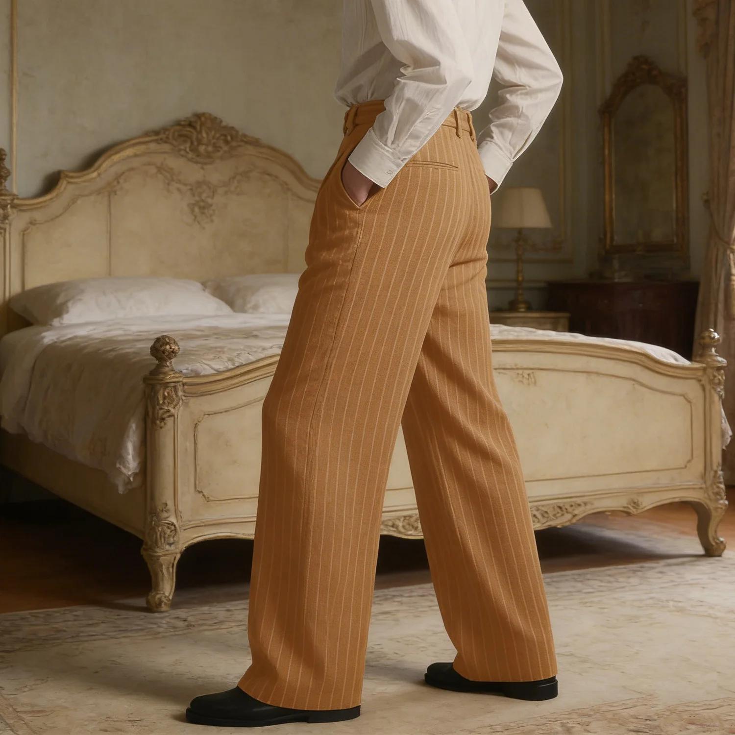 Pantalon de Costume Rayé pour Homme en Laine Luxe Coupe Classique Décontracté Affaires Quotidien Voyage Anti-Plis Élégant Épais Long