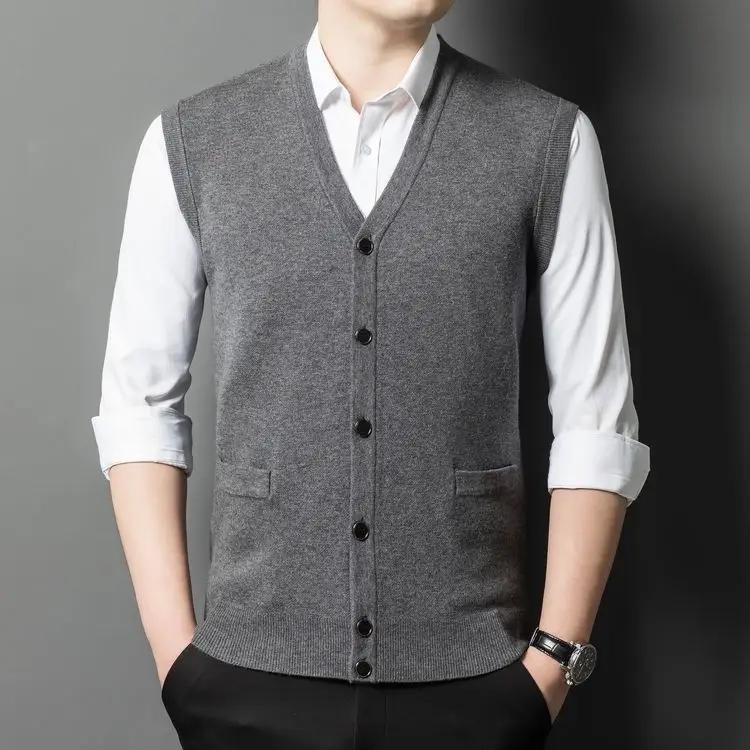 2025 hommes 100% laine mérinos super fine gilets sans manches Cardigans homme Pure
