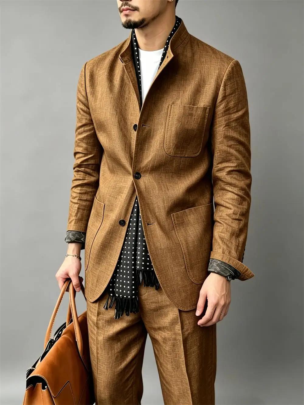 Ensemble de costume 2 pièces en lin mélangé pour homme