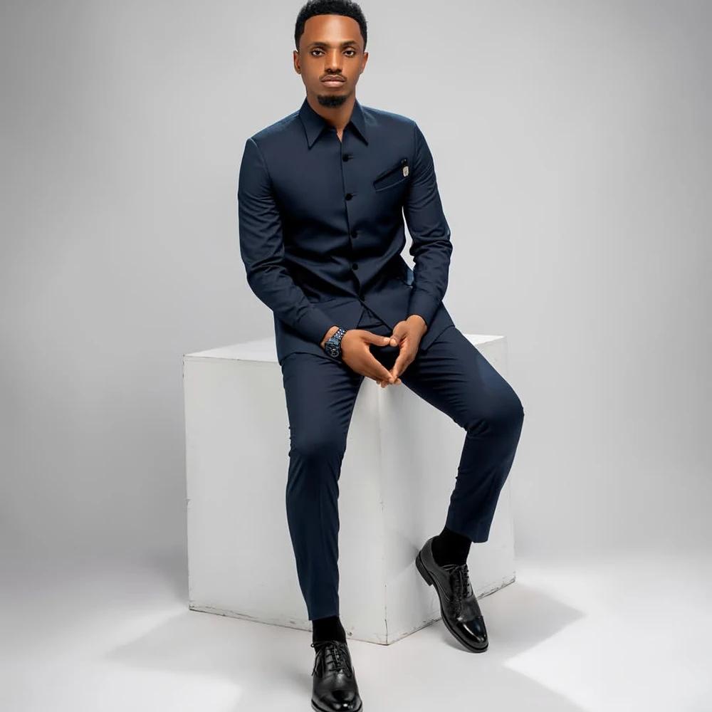 Costumes bleu marine pour hommes, blazer coupe ajustée, haute qualité, 2 pièces, veste et pantalon, tenues personnalisées, vêtements masculins, Costume Homme