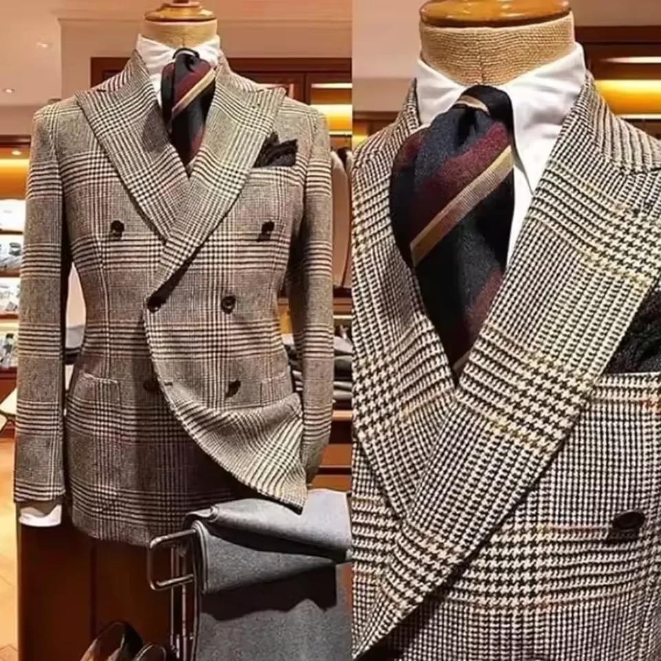 Veste formelle pour hommes pied-de-poule laine marron Blazer avec revers de pointe décontracté mariage affaires fête manteau automne hiver personnalisé