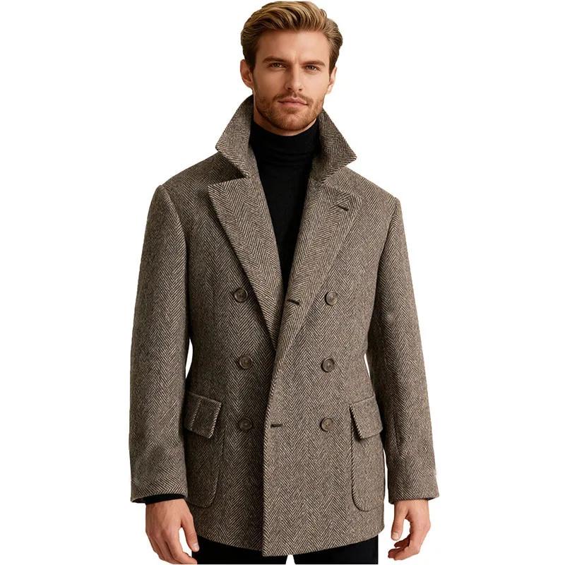 Automne homme costume manteau Double boutonnage laine chevrons Blazer à la mode décontracté affaires veste courte