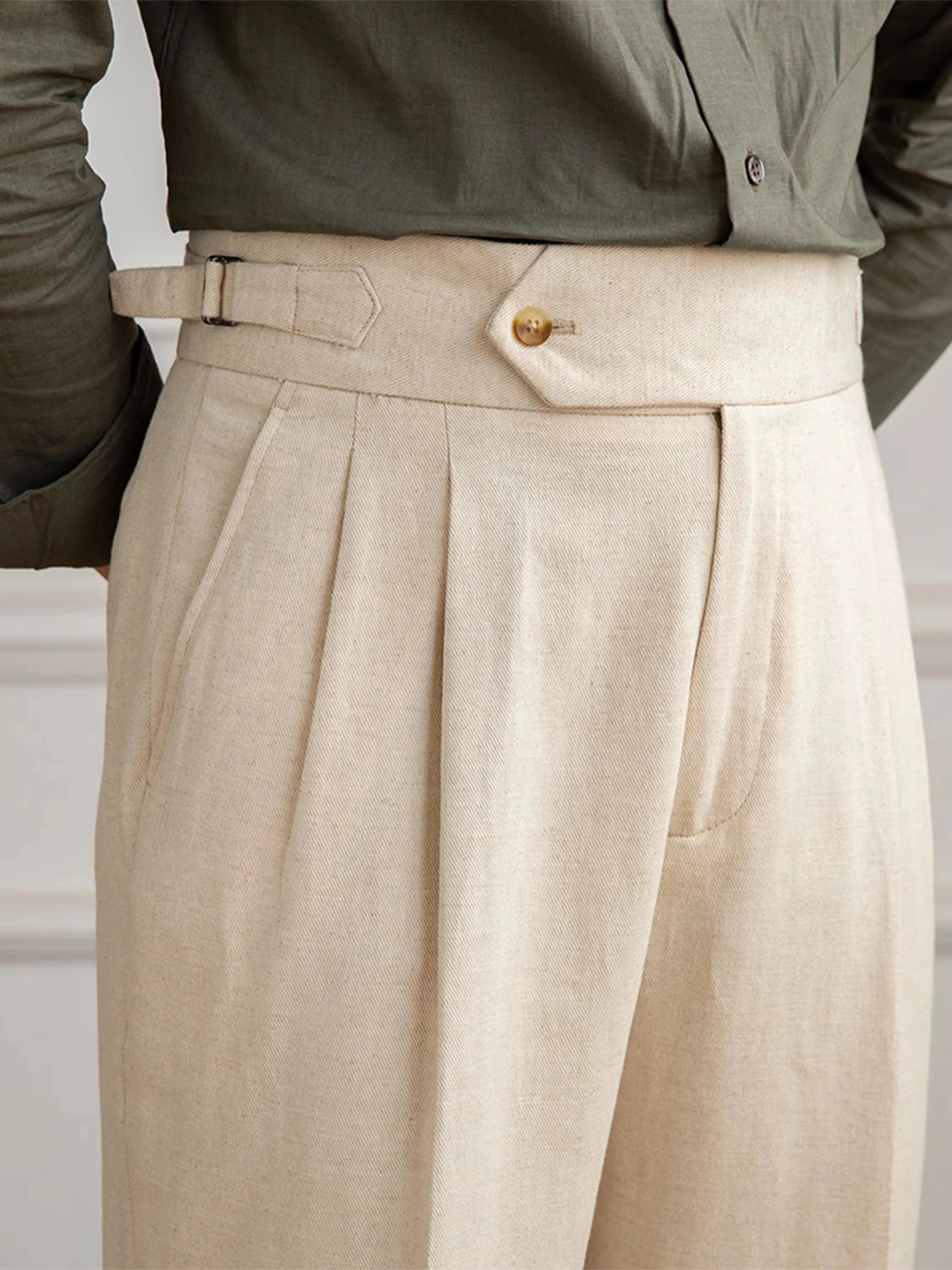 Gentleman été Naples pantalon droit décontracté hommes trajet coton et lin confortable respirant taille haute