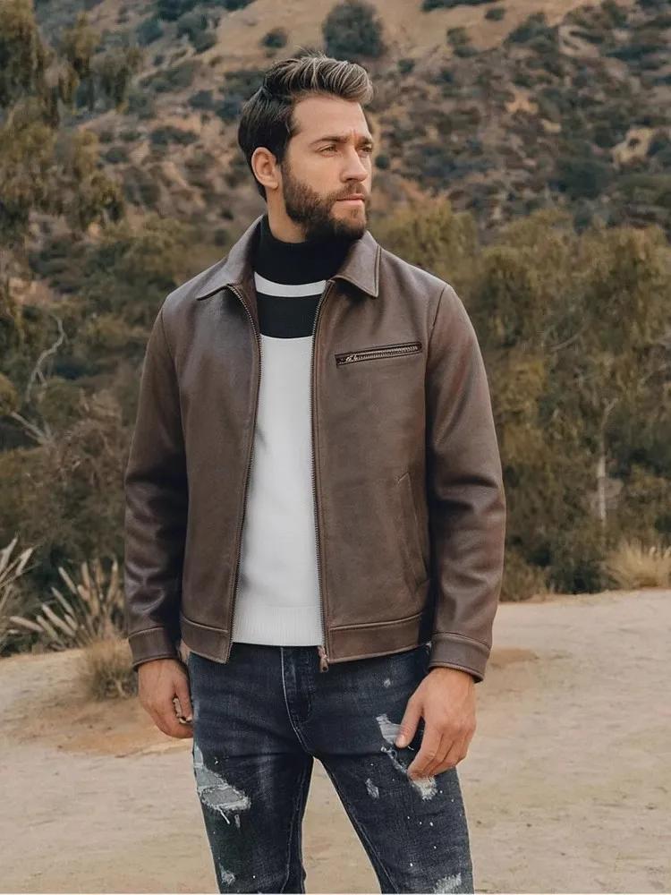 Veste d'automne en cuir véritable pour homme