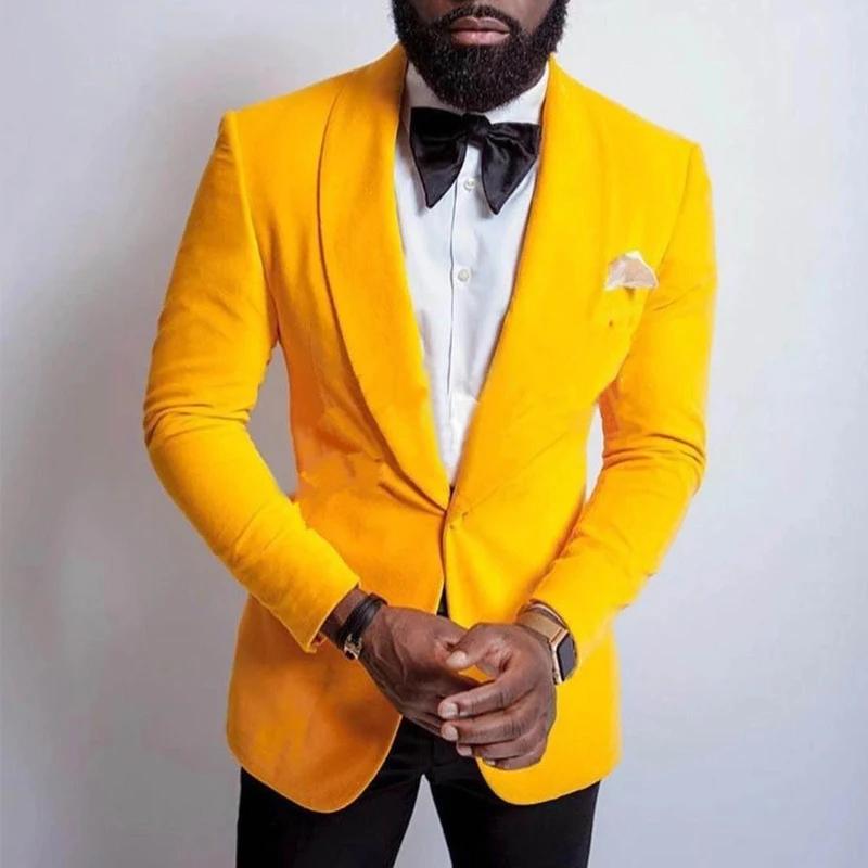 Velours jaune hommes costume veste une pièce bal Blazer pour mariage garçons d'honneur châle revers personnalisé mâle mode manteau dernier Style 2022