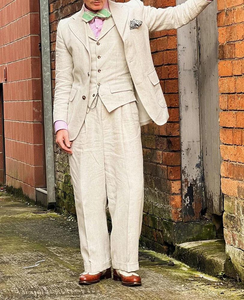 Costume homme en lin beige 3 pièces