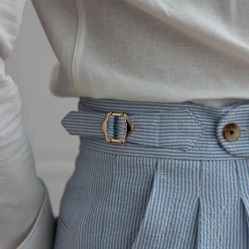 Style italien Naples costume pantalon hommes rayures bleues Seersucker taille haute Paris boucle
