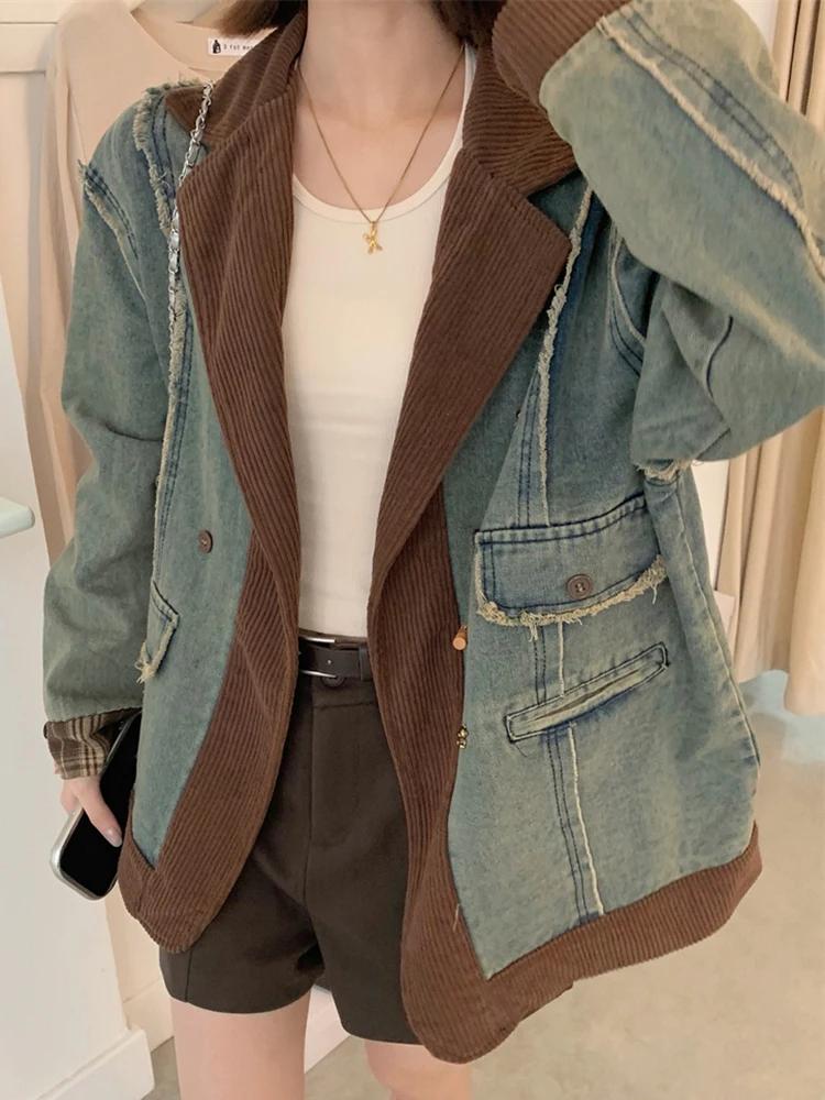 Veste en jean patchwork à manches longues en velours côtelé déchiré rétro