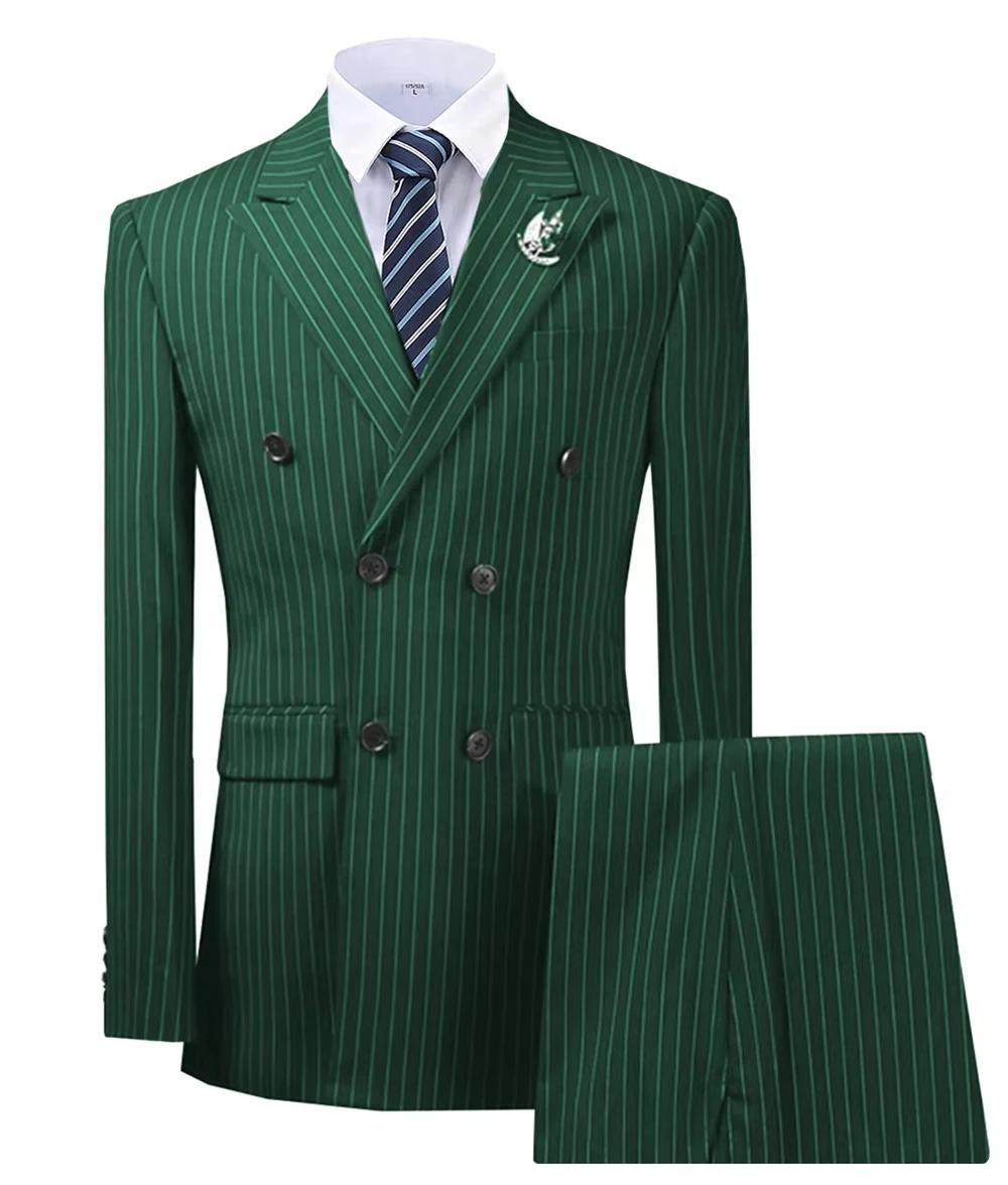 Costumes pour hommes à rayures vert Olive Double boutonnage pour mariage sur mesure homme Costume marié 2 pièces