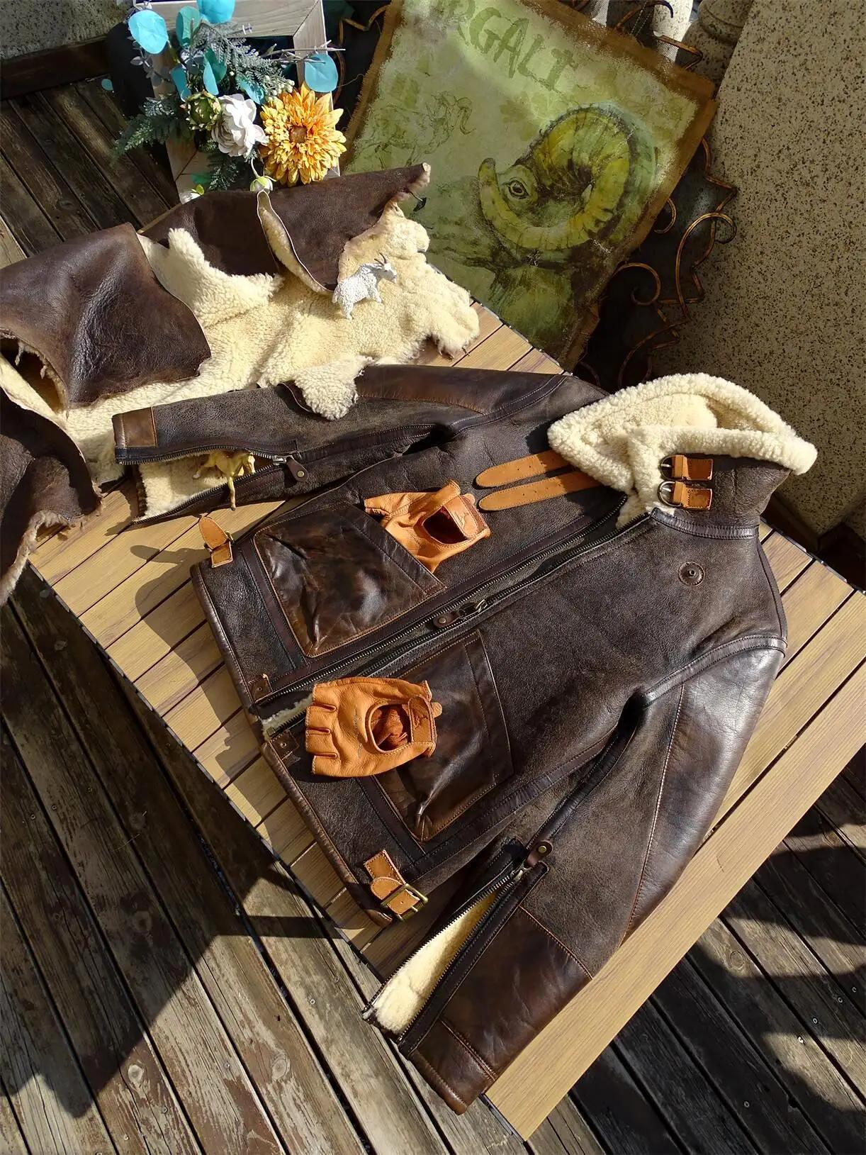 Veste d'hiver en peau de mouton marron foncé pour homme
