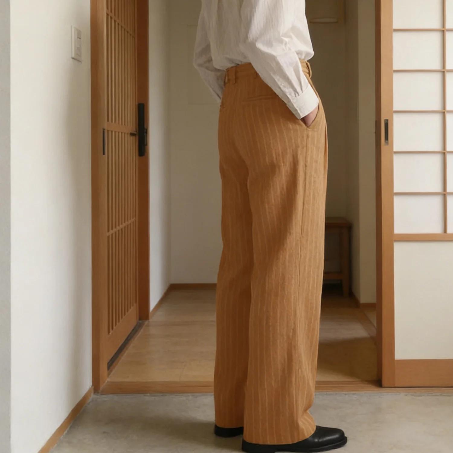 Pantalon de Costume Rayé pour Homme en Laine Luxe Coupe Classique Décontracté Affaires Quotidien Voyage Anti-Plis Élégant Épais Long