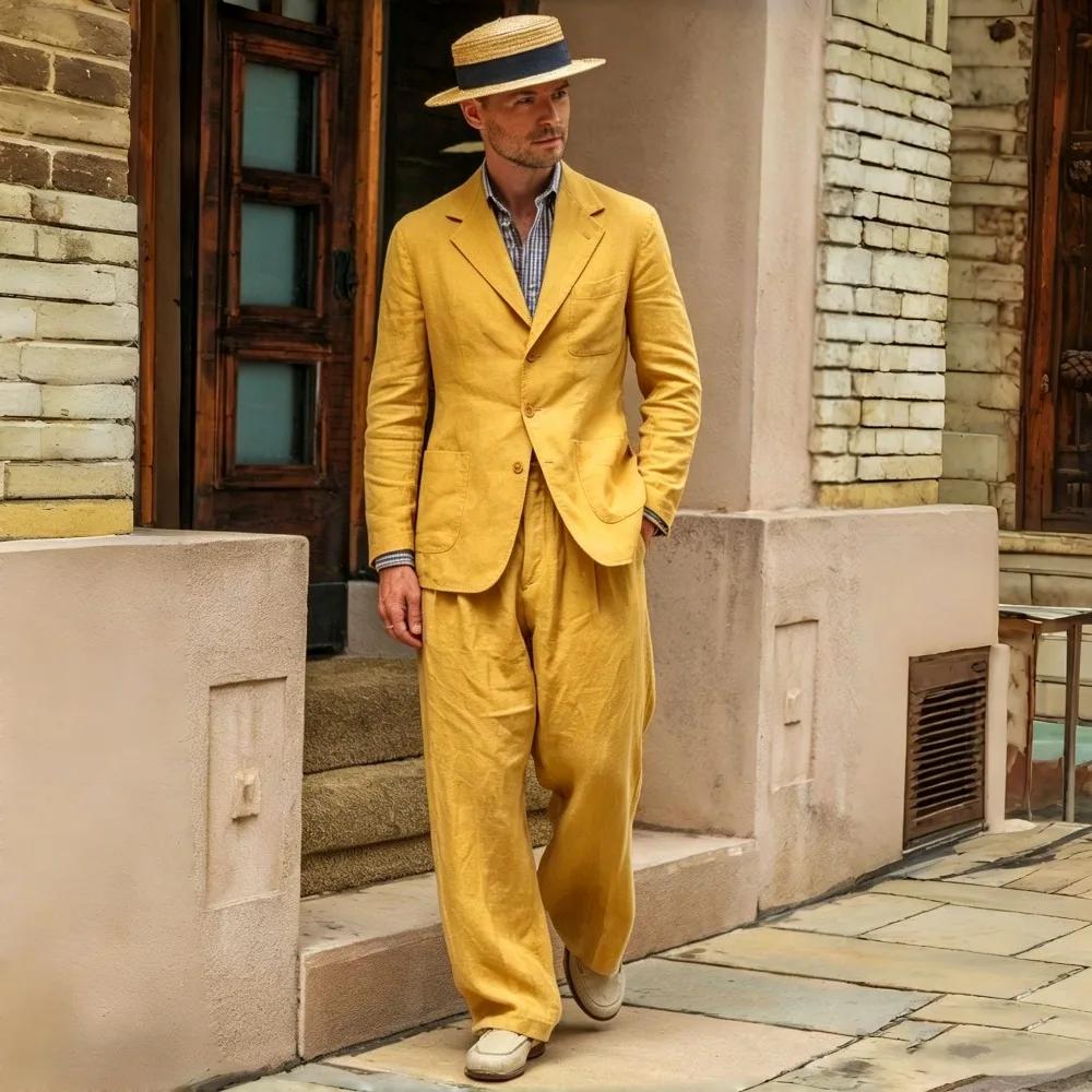 Costume de bal décontracté en lin beige 2 pièces style vintage années 70 pour homme