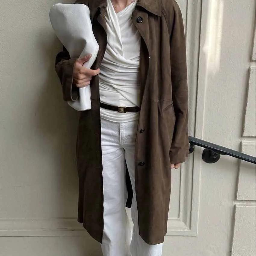 2025 Veste de travail décontractée polyvalente rétro marron à manches longues en similicuir dans un style vintage