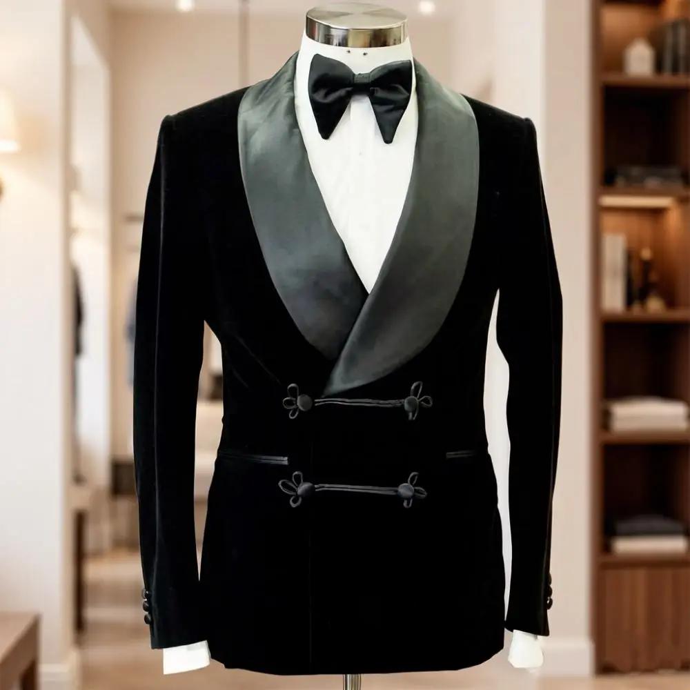Veste de fumée en velours noir style preppy pour hommes, blazer élégant pour mariages et événements de fête