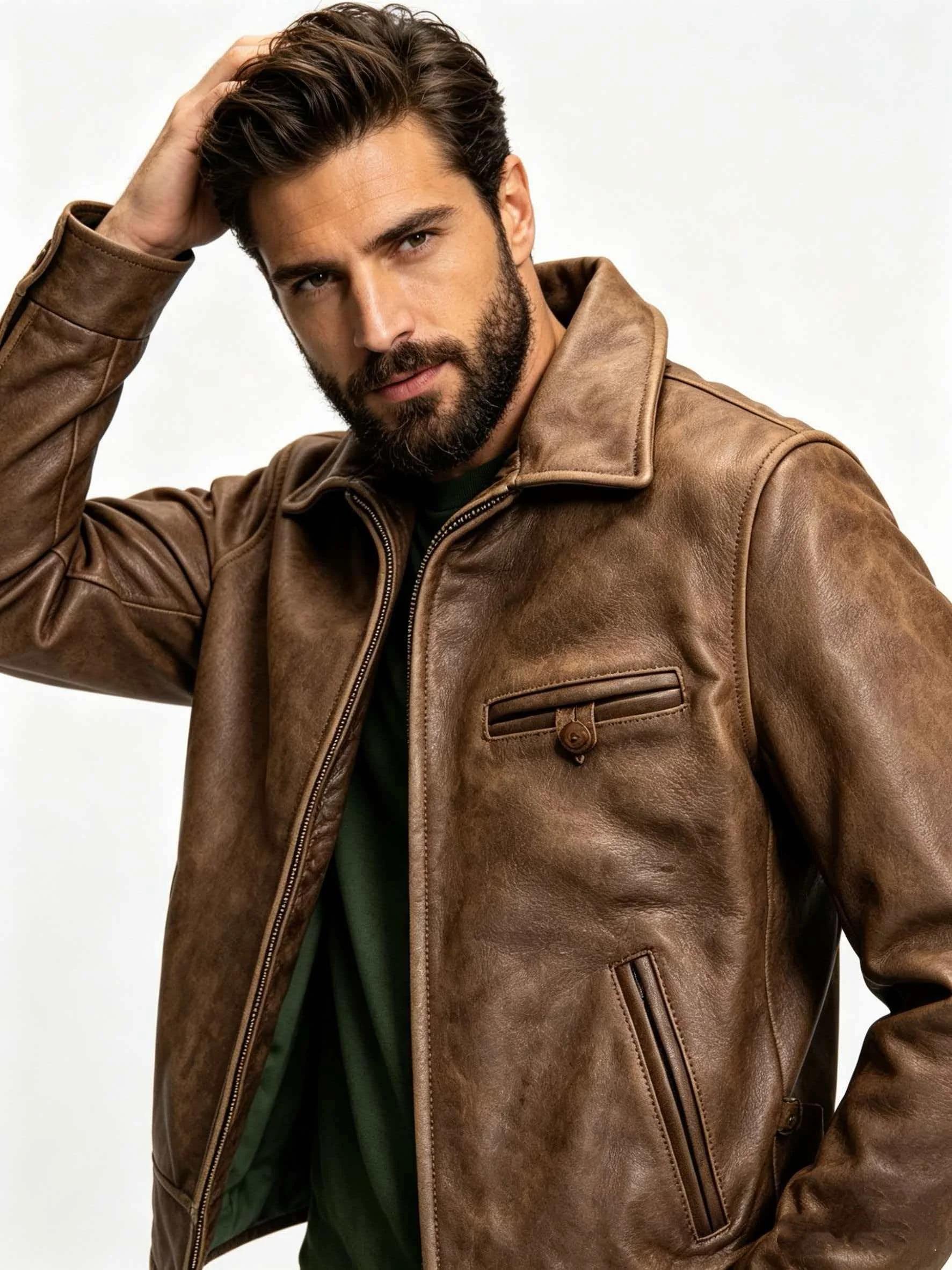 Veste en cuir marron pour homme
