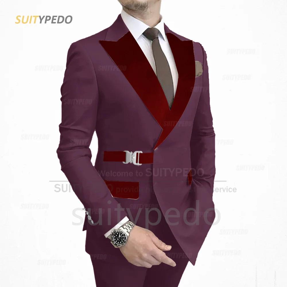 Ensemble Veste à Revers en Velours Bordeaux pour Homme