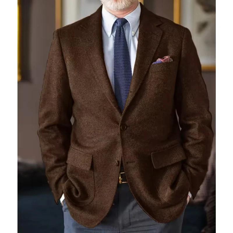 Blazer Homme en Tweed Chevrons Style Britannique à Revers Cranté et Deux Boutons – Veste Décontractée Vintage pour