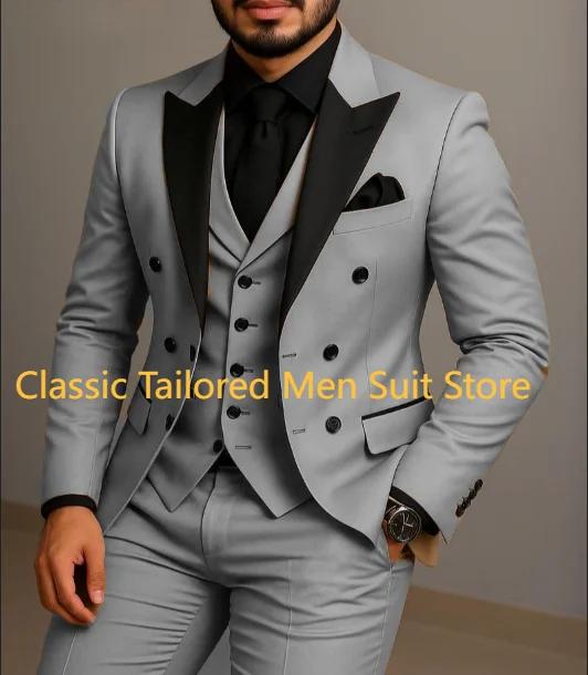Costume beige à double boutonnage, costume de mariage ajusté à revers noir