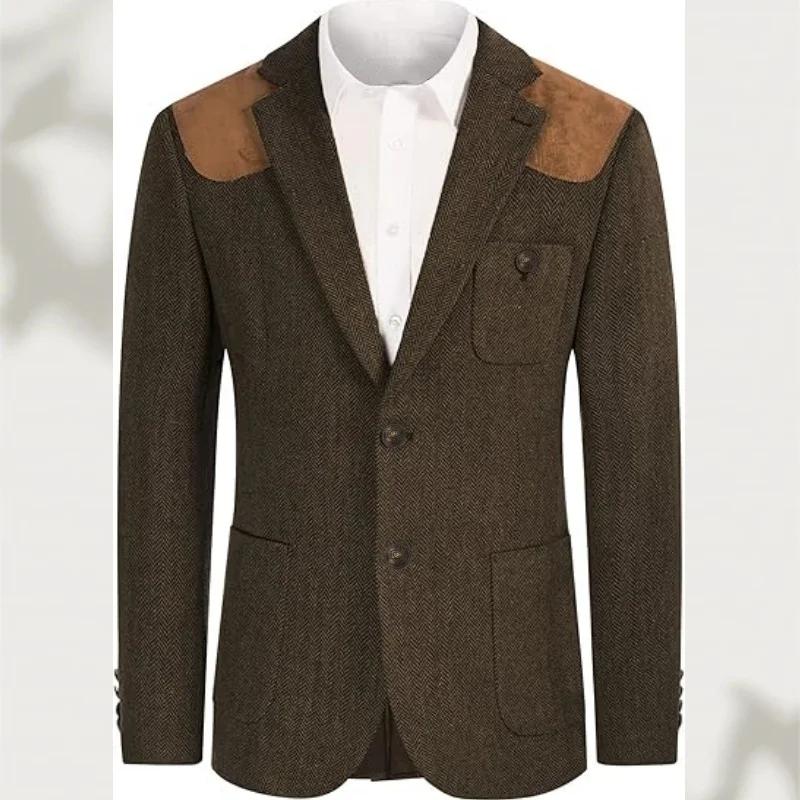 Blazer décontracté rétro pour homme en tweed à chevrons