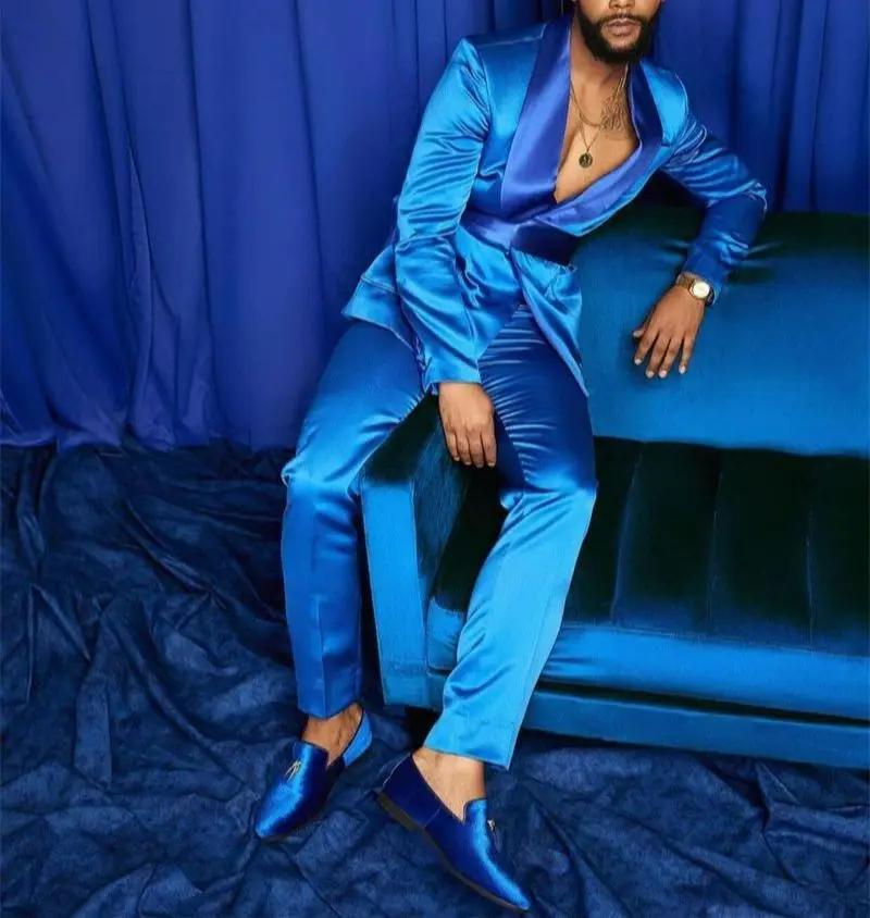 Nouvelle mode italienne argent hommes costumes Satin coupe ajustée bleu Royal brillant marié bal de mariage smoking sur mesure Blazer ensemble Costume Homme