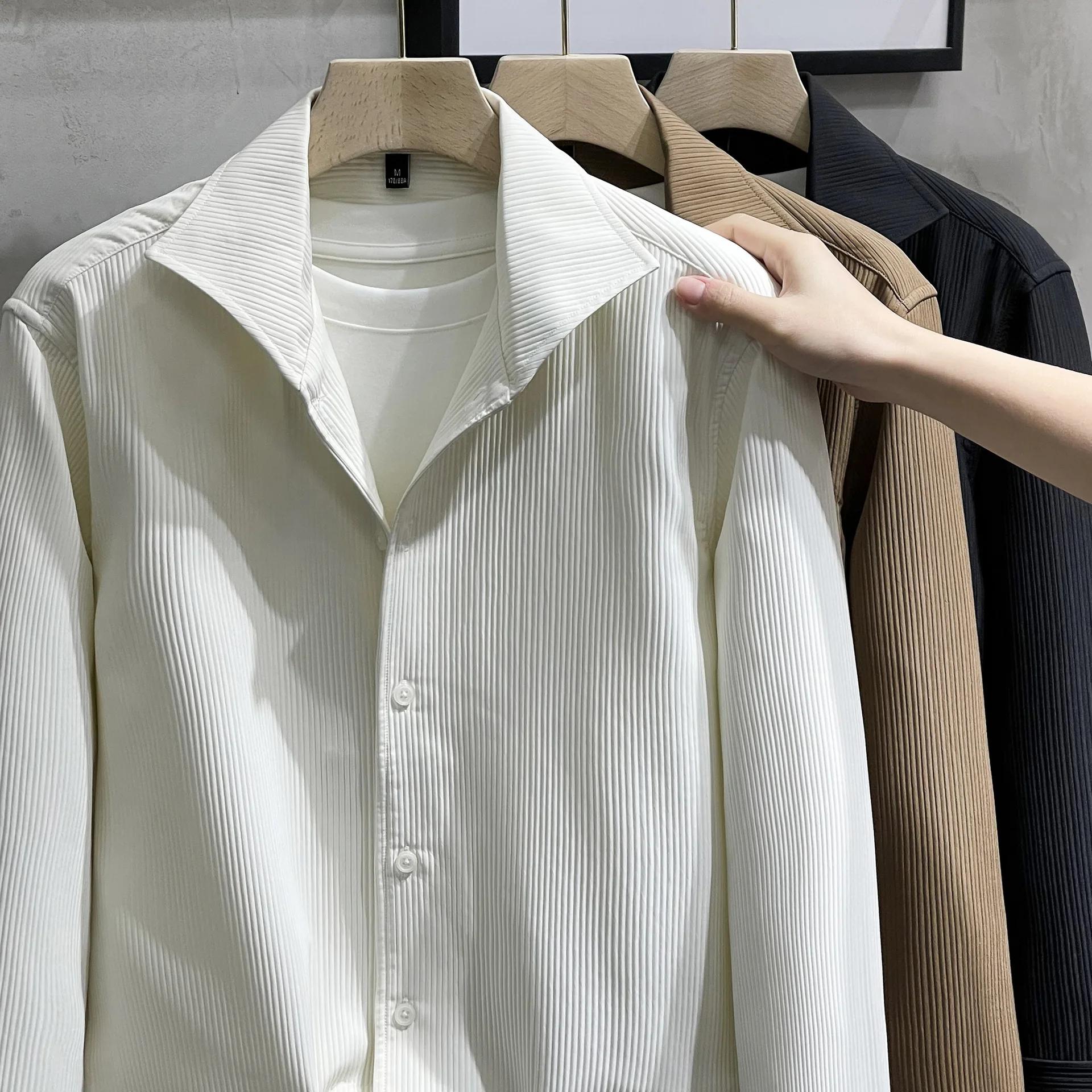 Chemise Homme Col Windsor Blanc Manches Longues Texture Haut de Gamme Soie Glacée Printemps-Automne Style Mature Léger