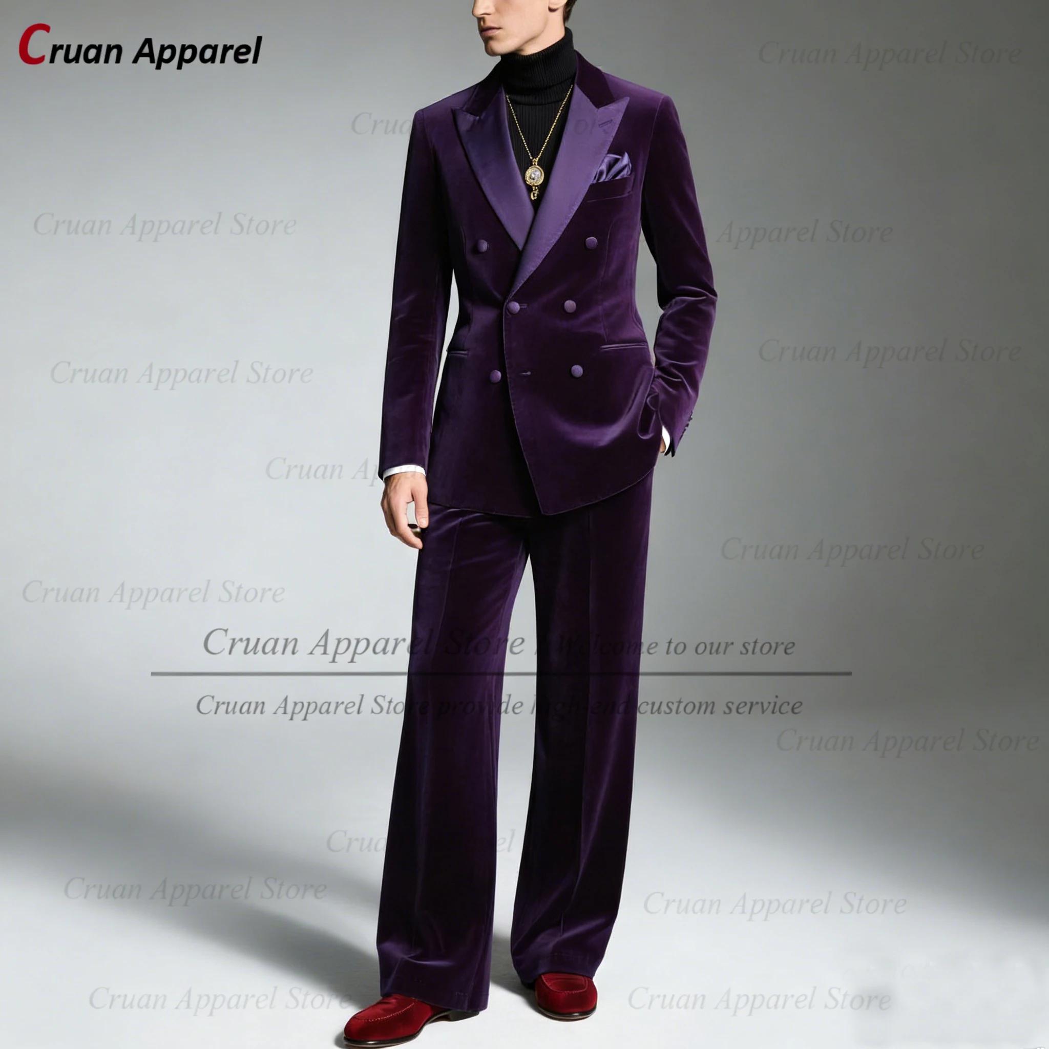 Costume Double boutonnage en velours bleu marine pour hommes