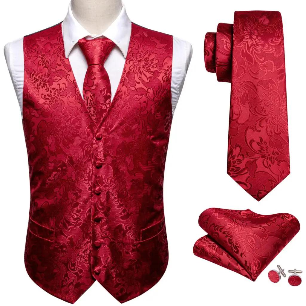 Gilet de Costume Élégant pour Homme Brodé Rouge Bourgogne Motif Paisley Fleur Ensemble