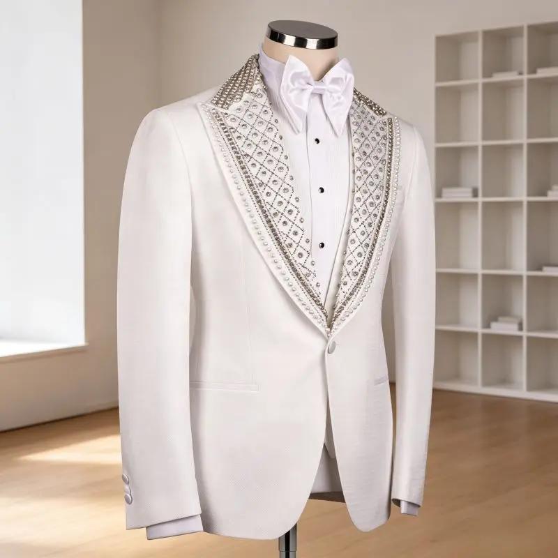 Costumes de luxe perlés pour hommes – Veste de smoking blanche ajustée avec pantalon noir