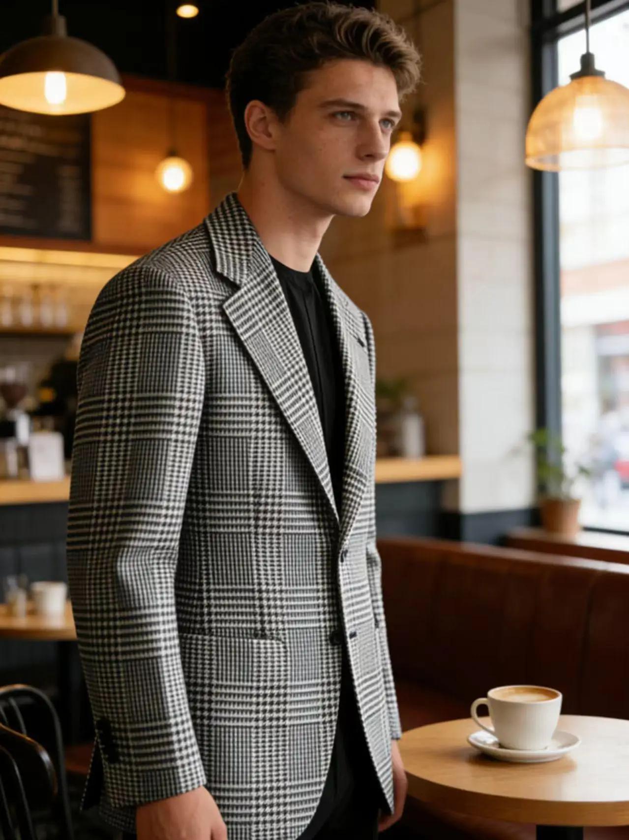 Blazer Homme Slim Fit en Mélange de Laine à Carreaux Pied-de-Poule
