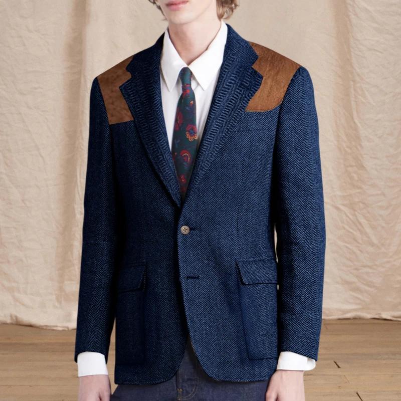Blazer vintage pour homme en tweed à chevrons avec écusson en daim sur l'épaule