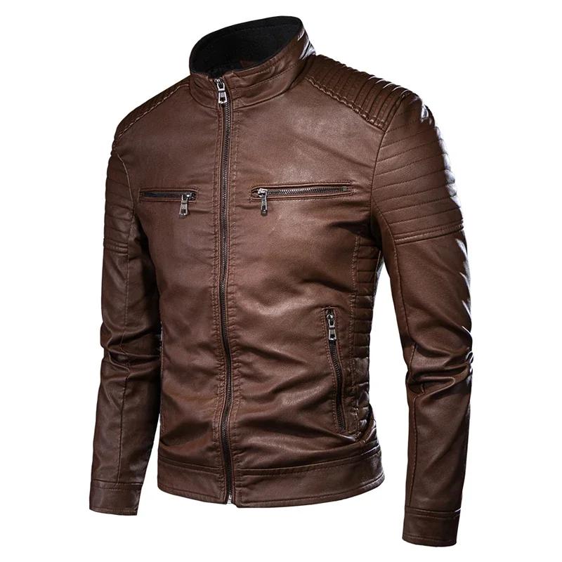 Veste en cuir pour hommes à la mode coupe ajustée col montant