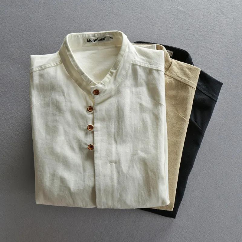 Chemise en lin pour homme de style chinois à col mandarin