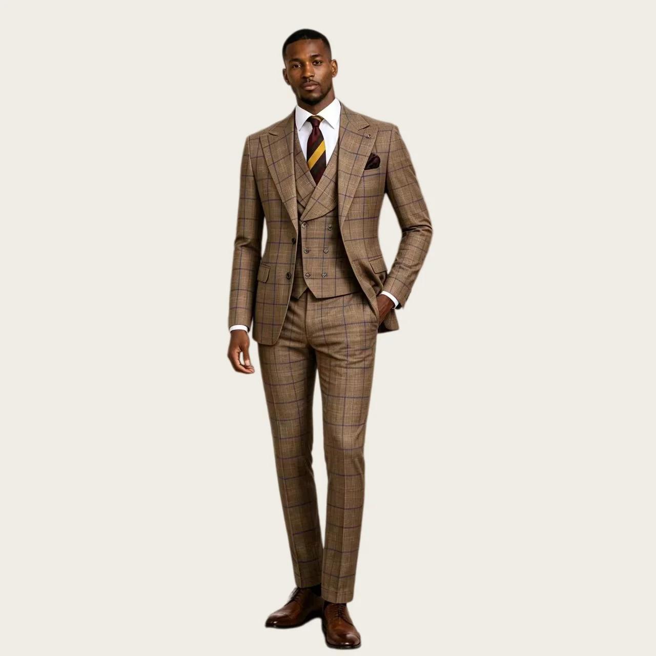 Costume homme 3 pièces à carreaux marron