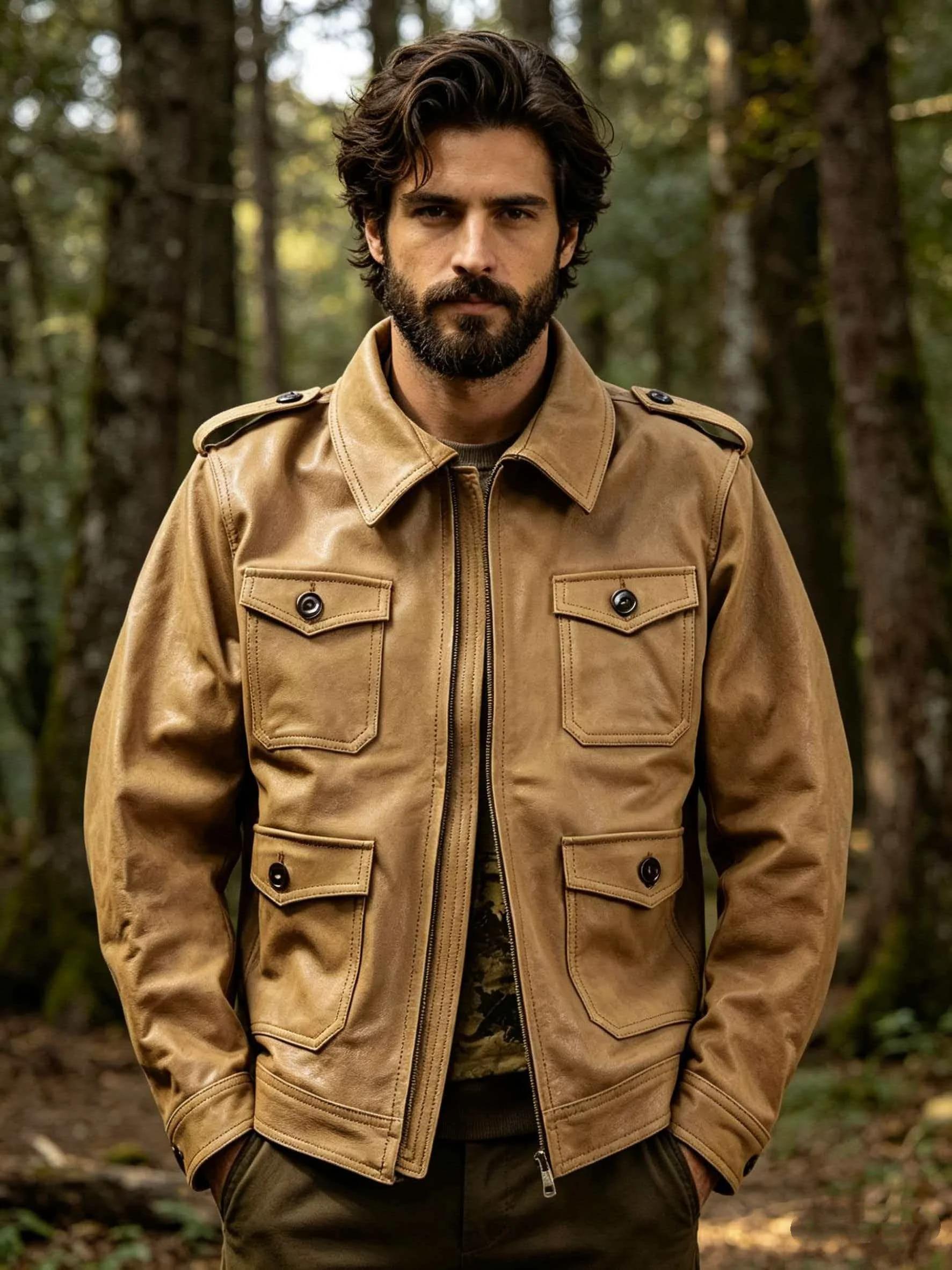 Veste en cuir kaki pour homme