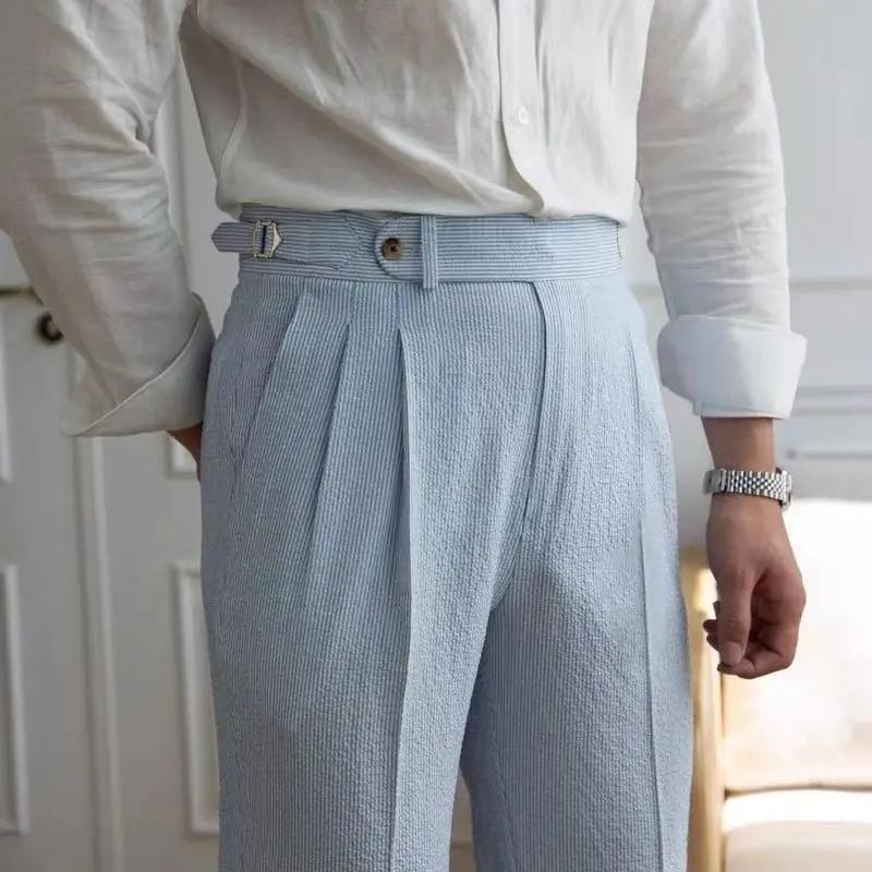 Style italien Naples costume pantalon hommes rayures bleues Seersucker taille haute Paris boucle