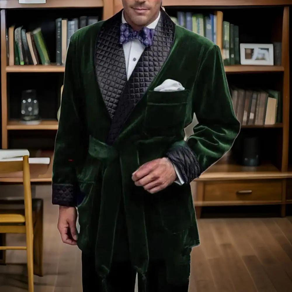 Vestes de costume de fumée en velours vert pour hommes