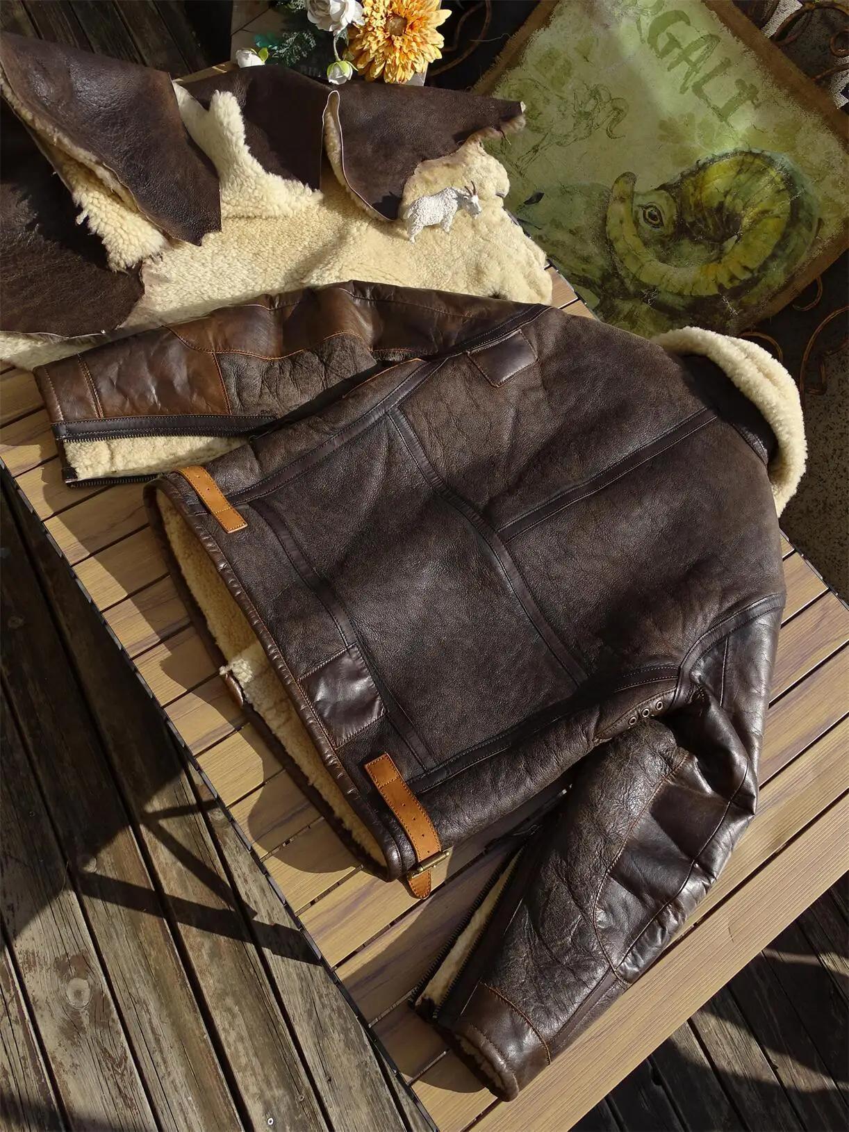 Veste d'hiver en peau de mouton marron foncé pour homme