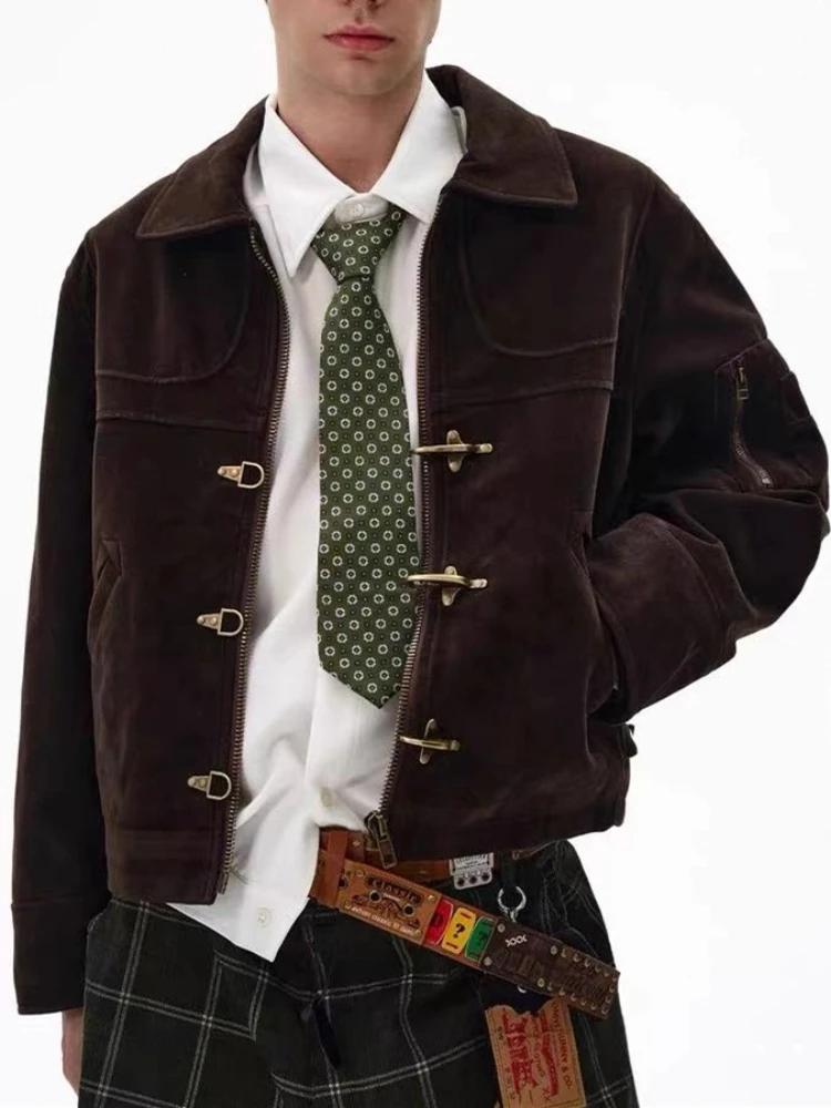 Vintage en détresse manteau en daim hommes déconstruit avion boucle veste unisexe printemps automne marron lambrissé Streetwear vêtements d'extérieur