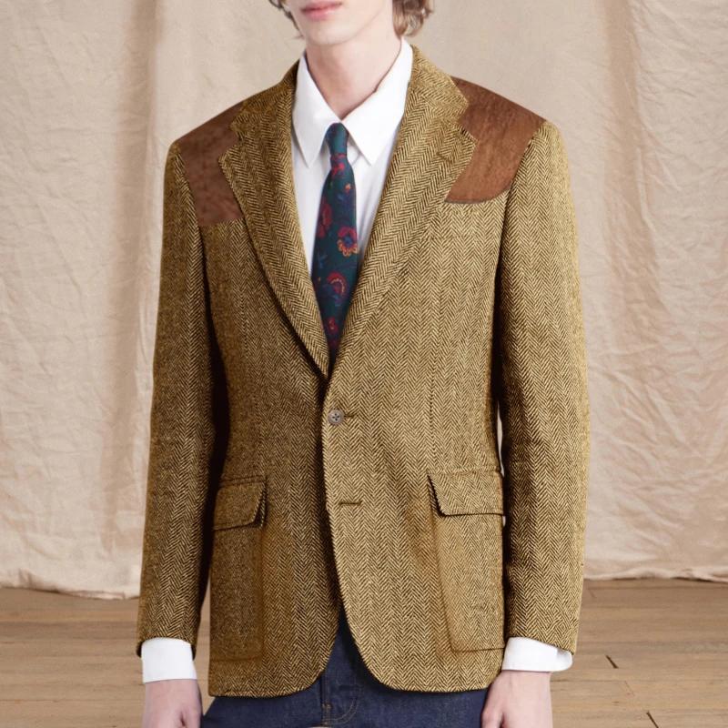 Blazer vintage pour homme en tweed à chevrons avec écusson en daim sur l'épaule